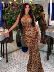 Maxi Dress Women Leopard Print V-Neck Bodycon Lace-Up Spaghetti Strap Backless Elegant Party Dress
