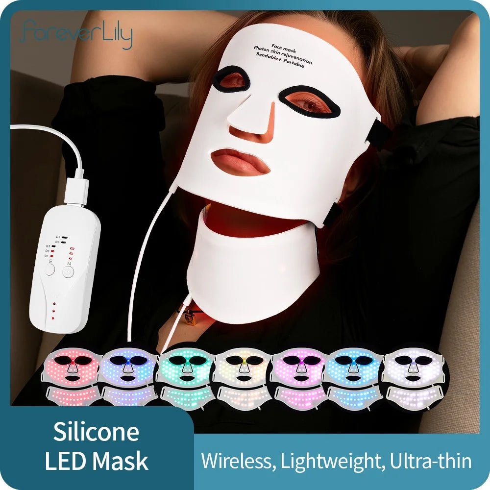 Woman wearing a silicone LED mask with a control device, surrounded by color options.