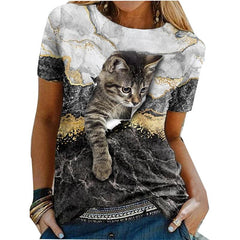 Cat Graphic Print T-Shirt Women 3D Animal Painting Round Neck Casual Everyday Fashion Tee