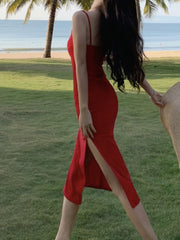 Spaghetti Strap Bodycon Midi Dress Women Elegant Casual Summer Beach Vacation Party Fashion