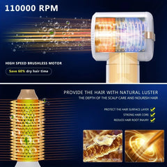 Hair dryer with high-speed brushless motor and scalp care benefits on a blue background