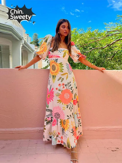 Maxi Dress Women Elegant Flower Print Square Neck Lantern Sleeve A-Line Vacation Spring Summer Dress