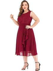 Midi Dress Women Plus Size O-Neck Sleeveless Lace Patchwork Chiffon Elegant Evening Club Wedding Guest