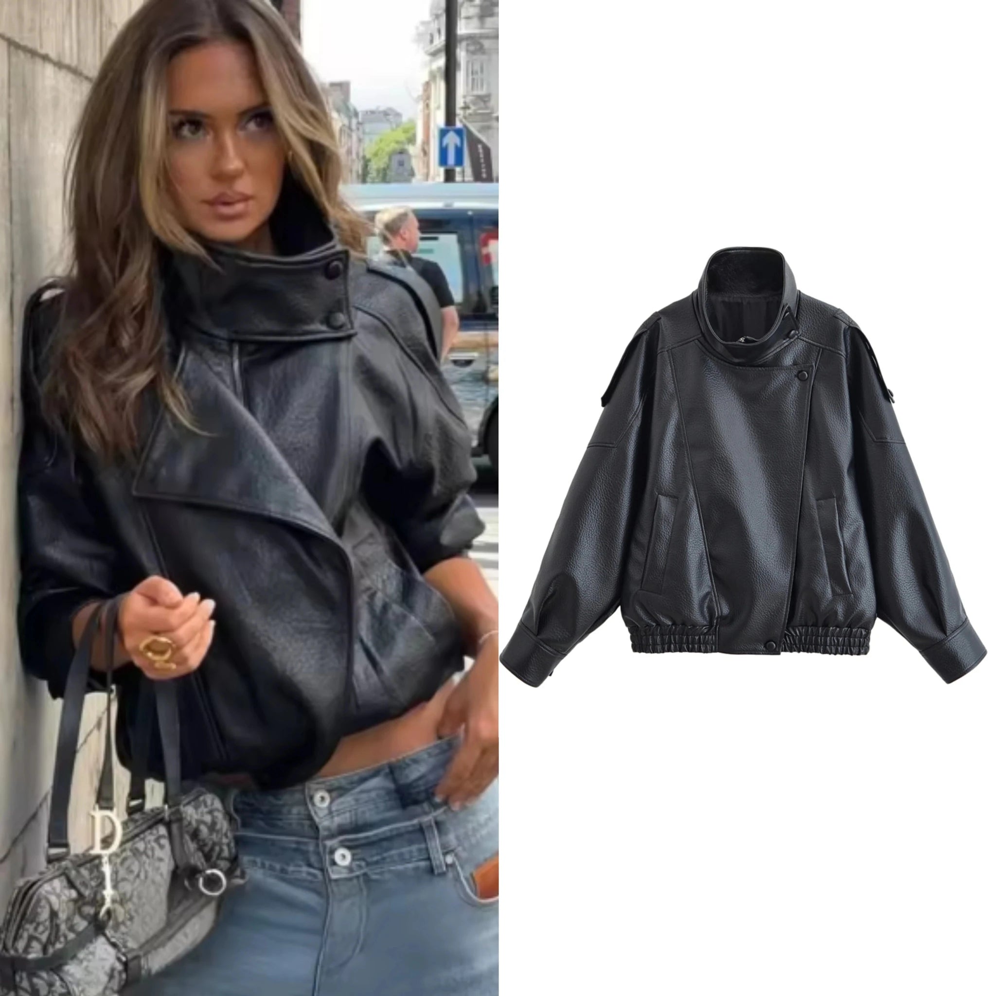 Black leather jacket worn by a person on the left, with a plain white background on the right.