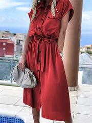Plus Size Lapel Button Midi Dress Women Short Sleeve Pockets Casual Spring Summer Fashion Dress