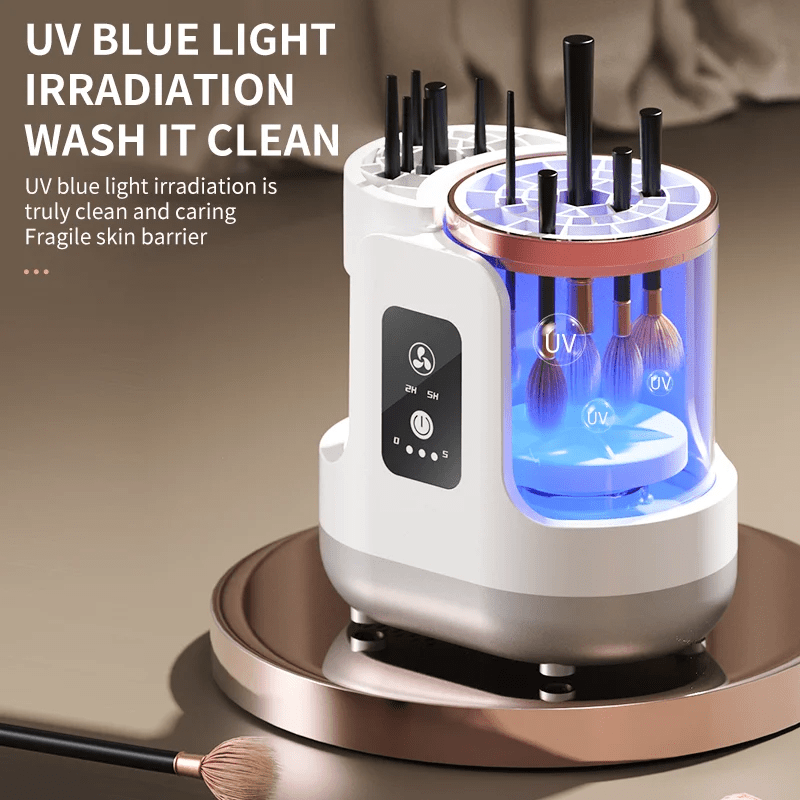 UV light sterilizer for makeup brushes with text about UV blue light irradiation.