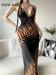 Maxi Dress Women Leopard Print Deep V-Neck Lace-Up Backless Sleeveless Slim Strap Boutique Spring Summer