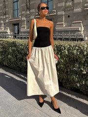 Maxi Dress Women Patchwork Strapless Contrast Color A-Line High Waist Sleeveless Long Party Dress