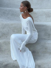 White Long-Sleeved Slim Fit Maxi Dress