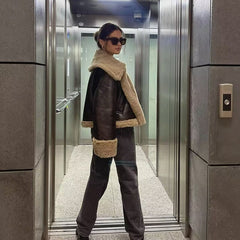 Faux Fur Velvet Jacket Women Chic Vegan Leather Warm Elegant Winter Casual Outerwear Fashion
