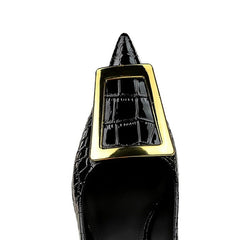 High Heel Pumps Women Pointed Toe Metal Buckle Snake Metallic PU Leather Party Fashion Shoes