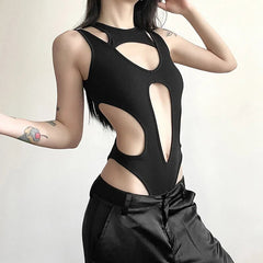 Bodysuit Women Gothic Hollow Out Y2K Patchwork Grunge Backless High Cut Slim Casual Streetwear Top