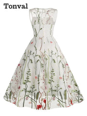 Midi Dress Women Floral Embroidered Mesh Overlay Vintage High Waist Elegant Party Summer Long Dress