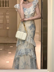 Floral Printed Ruffled Patchwork Maxi Dress Women Double Ruffle Elegant Casual Fashion Dress