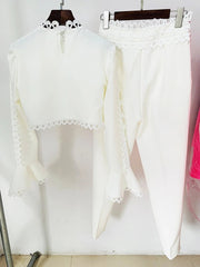 Pant Suit Women 2-Piece Flare Sleeve Hollow Out Lace Trim Top Slim Pencil Pants Designer Inspired Set