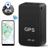 Black GPS tracker with smartphone app showing map and vehicle location.