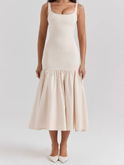 Midi Dress Women Ruffled Patchwork Slim High Waist Backless Pleated Sleeveless Elegant Party Dress