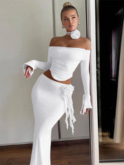 Skirt Set Women 2-Piece Bodycon Flower Slim Backless Lace-Up Top Elegant Party Long Dress Suit