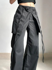 Low Waist Wide Leg Pants Women Grunge Loose Patchwork Ribbon Hem Cargo Casual Streetwear Fashion