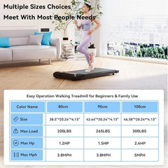 Woman using a walking treadmill in a living room with product specifications displayed.