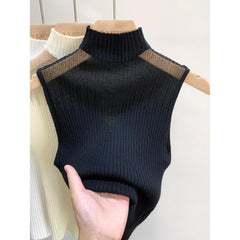 Turtleneck Mesh Knit Top Women Sleeveless Pullover Casual Chic Everyday Fashion