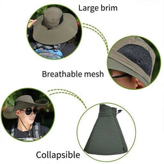 Collapsible sun hat with large brim, breathable mesh, and collapsible design features.