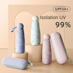 Set of colorful umbrellas with a beige background and text indicating UV protection.