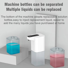Dispensing machine with replaceable solution bottles containing different liquids on a gray background.