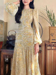 Long Sleeve Floral Printed Lace Bodycon Midi Dress Women Elegant Casual Party Fashion