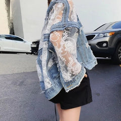 Denim Jacket Women Embroidered Lace Patchwork Frayed Tassel Loose Blue Jean Casual Outerwear