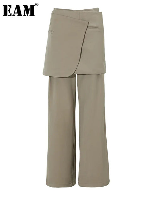 High Waist Wide Leg Pants Women Spliced Irregular Long Wrap Skirt Loose Fit Casual Fashion Trousers