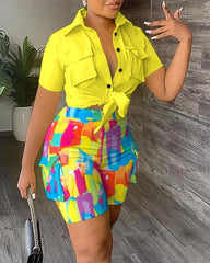 Tie Dye Crop Top & Shorts Set Women 2-Piece Collar Print Casual Summer Beach Vacation Fashion