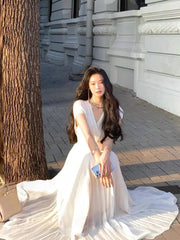Maxi Dress Women Solid Pleat French Elegant V-Neck High Waist Holiday Wedding Party Summer Long Dress
