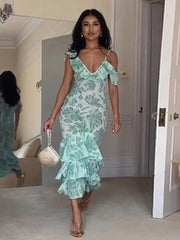 Floral Midi Dress Women Smocked Ruffle Vintage Sleeveless Spaghetti Strap Tiered Slim Prom Evening