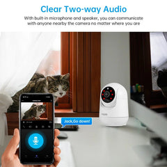 Smart home security camera with two-way audio feature, cat watching from behind a curtain.