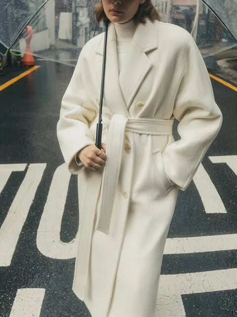 Wool Coat Women Vintage Long Solid Double Breasted Belt Chic Elegant Winter Overcoat Outerwear