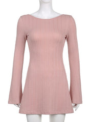 Long Sleeve Backless Knit Mini Dress Women Elegant Casual Party Club Fashion Dress