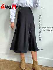 High Waist Midi Skirt Women Long Satin Elegant A-Line Solid Vintage Office Casual Fashion Skirt