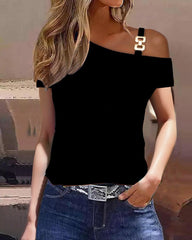Women's One Shoulder Casual Short-Sleeved Tops Summer Printed T-Shirt Top
