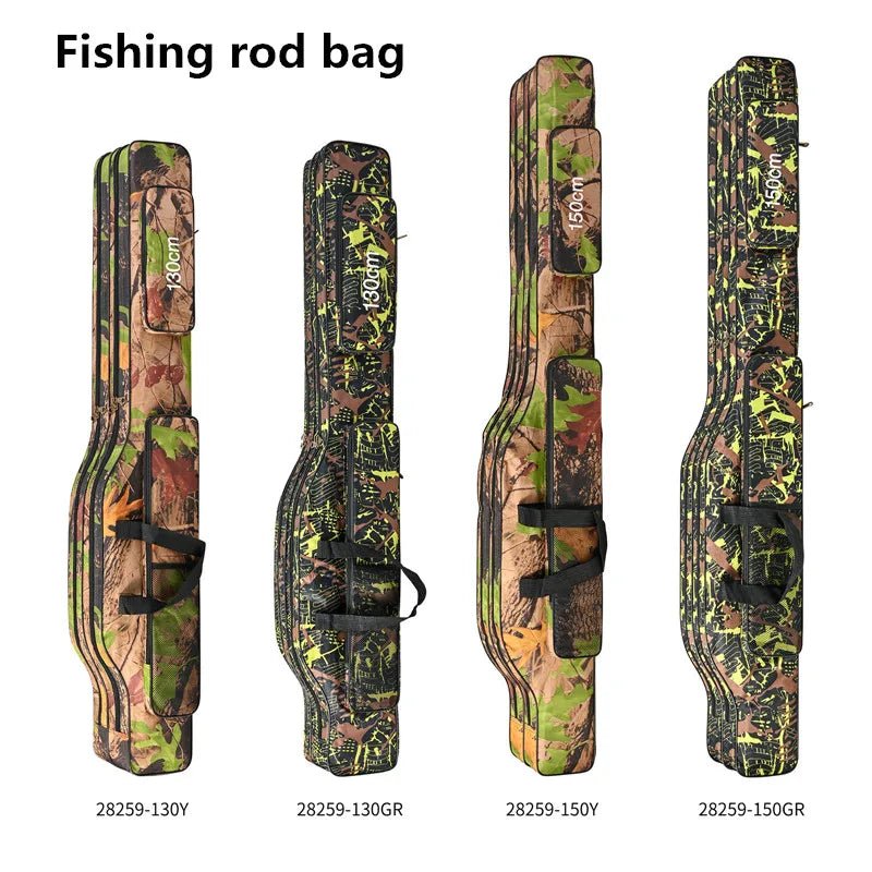 Camouflage fishing rod bag with multiple views on a white background