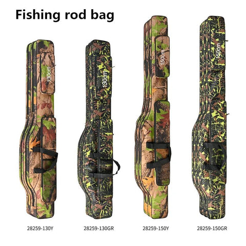 Camouflage fishing rod bag with multiple views on a white background