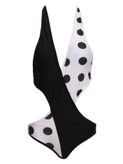 Women's Swimsuit Polka Dot Patchwork Strap One-Piece Bathing Suit V-Neck Swimwear Beachwear