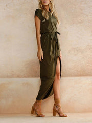 Midi Dress Women Tie-Up Waist Long Drape Wrap Irregular Hem Elegant Casual Fashion Dress