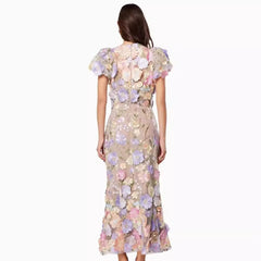 Midi Dress Women Luxury Embroidered Mesh Lace 3D Flower Bubble Sleeve Round Neck Fishtail Spring Summer
