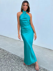 Maxi Dress Women Chest Wrap Backless Bandage Halter Satin Elegant Clubwear Evening Party Long Dress