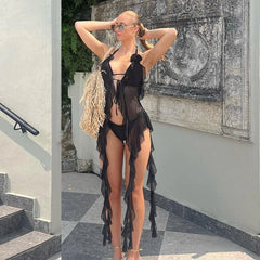 Camisole Top Women Sheer Mesh Spaghetti Strap White Ruffle Fringe Halter Y2K Fairy Core Fashion