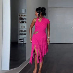 Knit Tassel Hollow Out Midi Dress Women One Shoulder Asymmetric Splice Elegant Party Pink