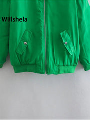 Oversized Bomber Jacket Women Pockets Front Zipper Vintage Casual Chic Outerwear Fashion