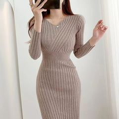 Vintage Long Sleeve Sweater Dresses for Women Party Office Slim Bodycon Knit Midi Dress Gift for Her