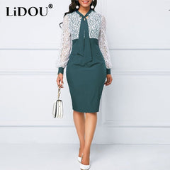Lace Patchwork Midi Dress Women Scarf Collar Bodycon Knee Length Elegant Evening Party Fashion
